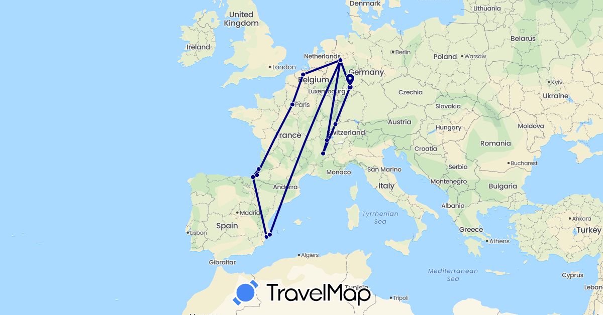 TravelMap itinerary: driving in Belgium, Switzerland, Germany, Spain, France (Europe)