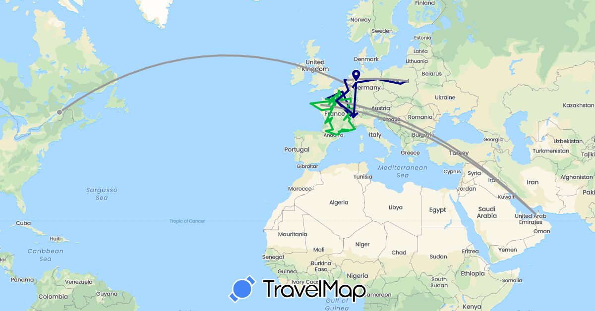 TravelMap itinerary: driving, bus, plane in United Arab Emirates, Belgium, Canada, Switzerland, Germany, France, Netherlands, Poland (Asia, Europe, North America)